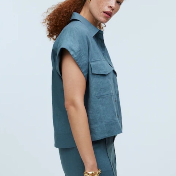 Madewell Flap Pocket Button-Up Shirt in 100% Linen Boxy Oversized Top - Picture 8 of 9